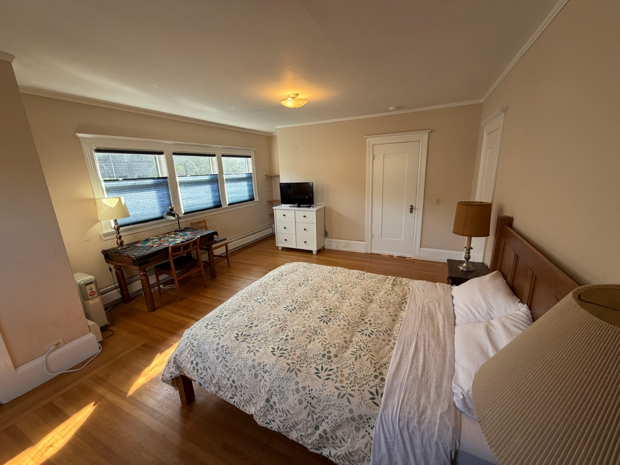 East bedroom showing dresser, TV and closet