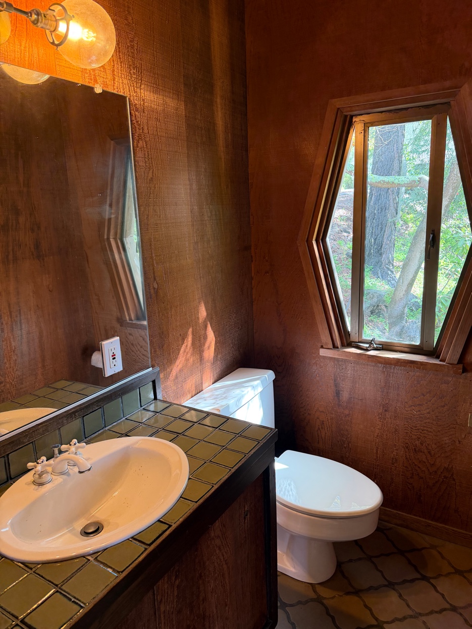 Half bathroom with unique octagonal window