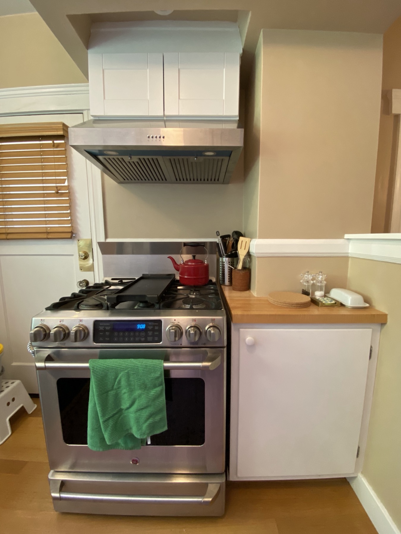 Kitchen stainless gas range with range hood