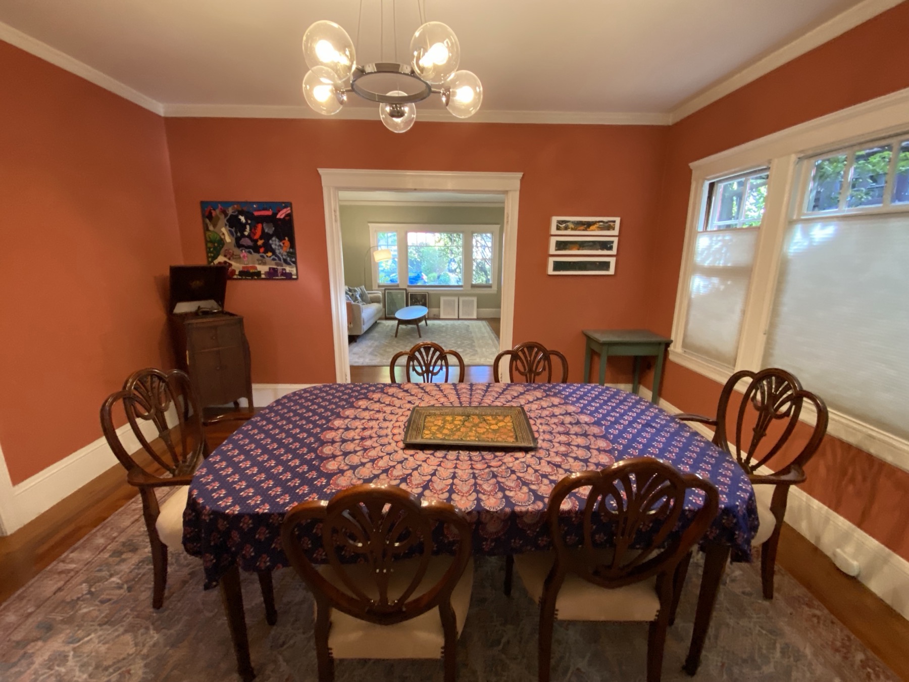Dining room looking toward living room with hepplewhite chairs
