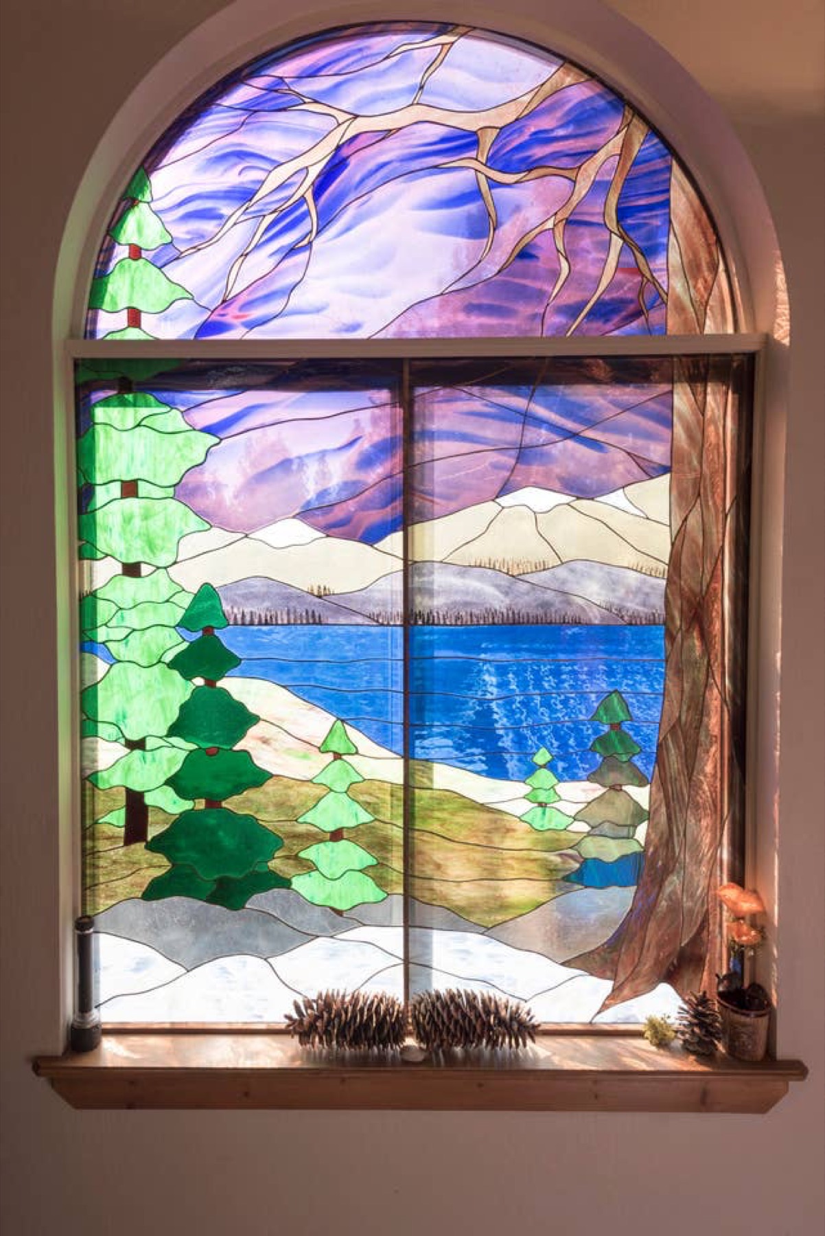 Custom stained-glass window with Lake Tahoe landscape